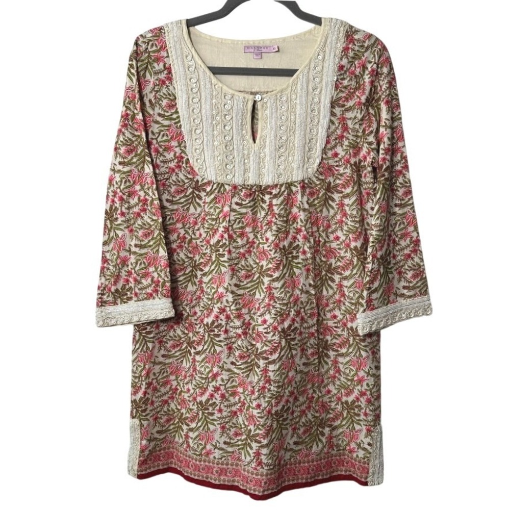 Calypso St Barth Floral Beaded Bib‎ Tunic Dress XS Mini Floral Boho Beach Resort